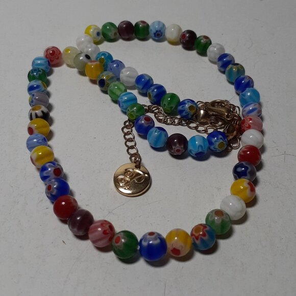 Necklace Signed Brielle Art Glass Multicolored Beaded Gold Tone Chain 17" Unique - Picture 12 of 16